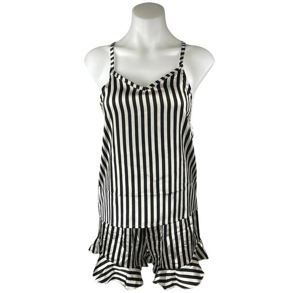 NEW Bella Black White Silk Satin Stripe Sleeveless Tank Shorts Pajama 2 Pc Set M - Picture 1 of 6